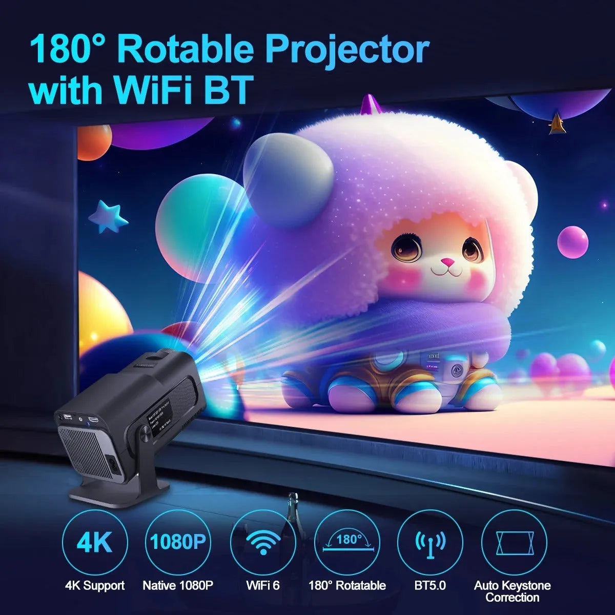 Small 4K WiFi Smart Projector 1080p 390 ANSI Lumens Android OS with UK power cord