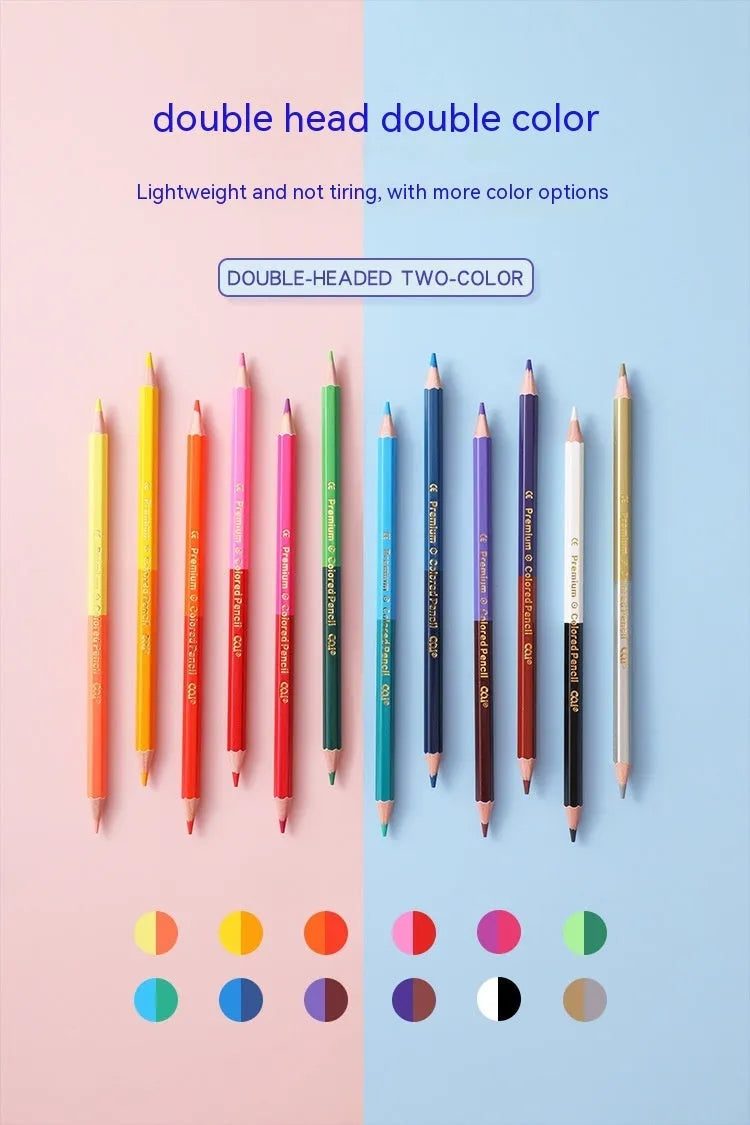 Set of double-ended wooden colour pencils showing two different coloured leads on each barrel.