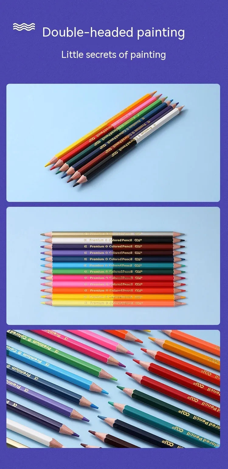 Set of double-ended wooden colour pencils showing two different coloured leads on each barrel.