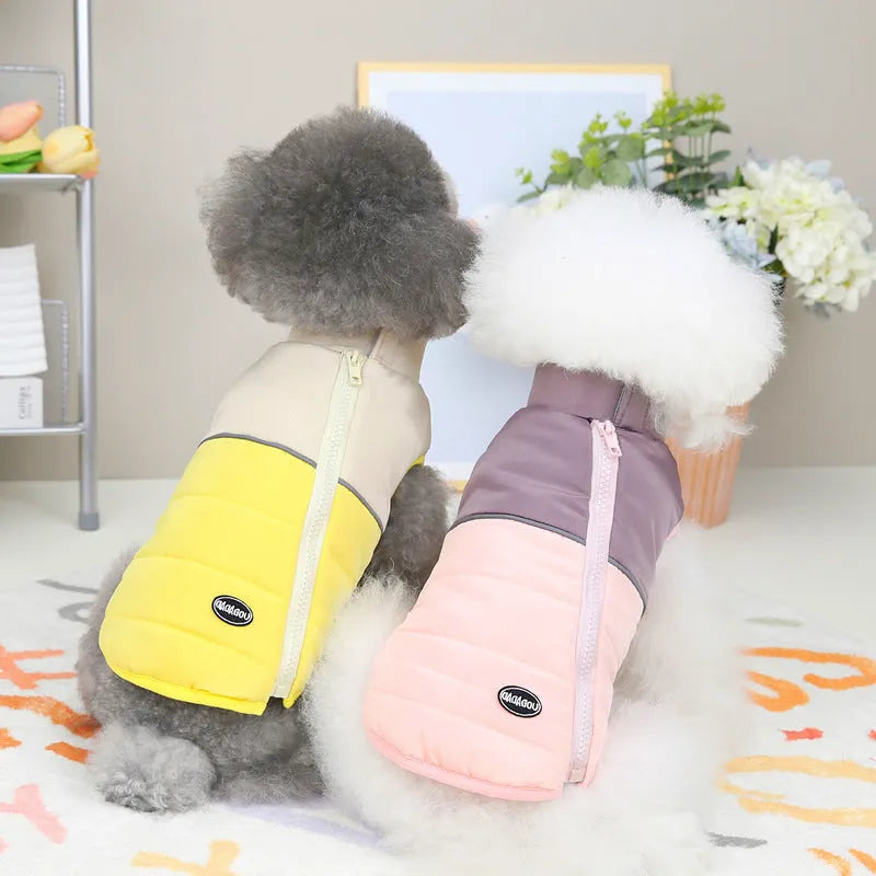 Dog cotton vest in yellow, blue or pink with 22-seam zipper, autumn winter pet clothing in sizes S to XXL