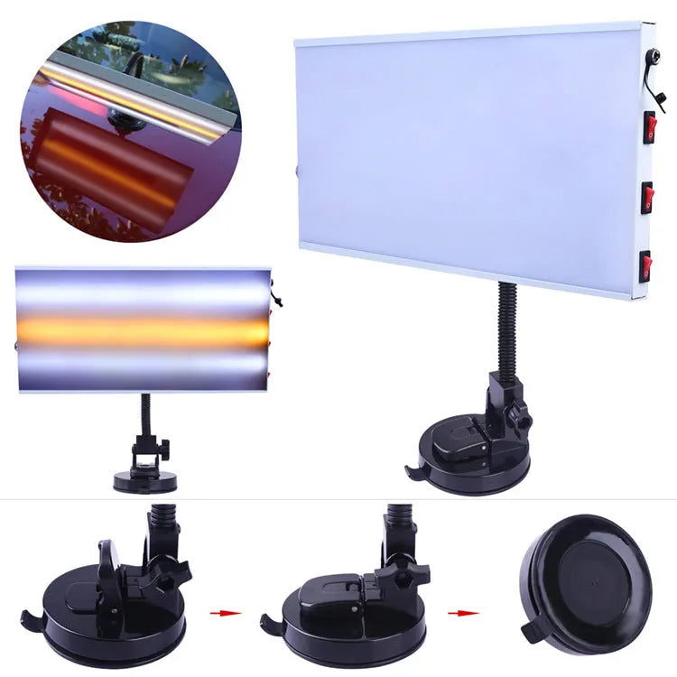 White car dent repair detector kit with MPT X009 inspection light for automotive bodywork assessment