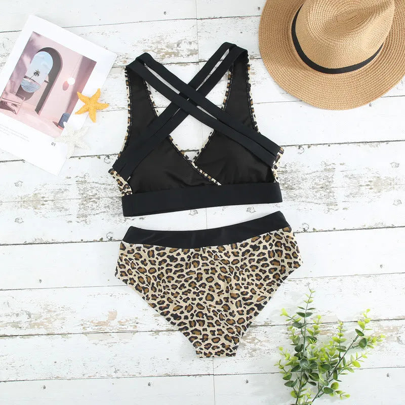 Women's leopard print cross banded bikini with V-neck split design in floral pattern