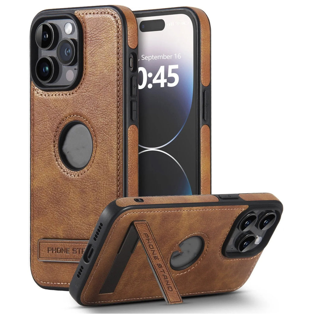 Black leather pattern bracket phone case for iPhone with built-in kickstand