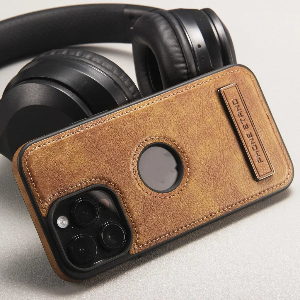 Black leather pattern bracket phone case for iPhone with built-in kickstand