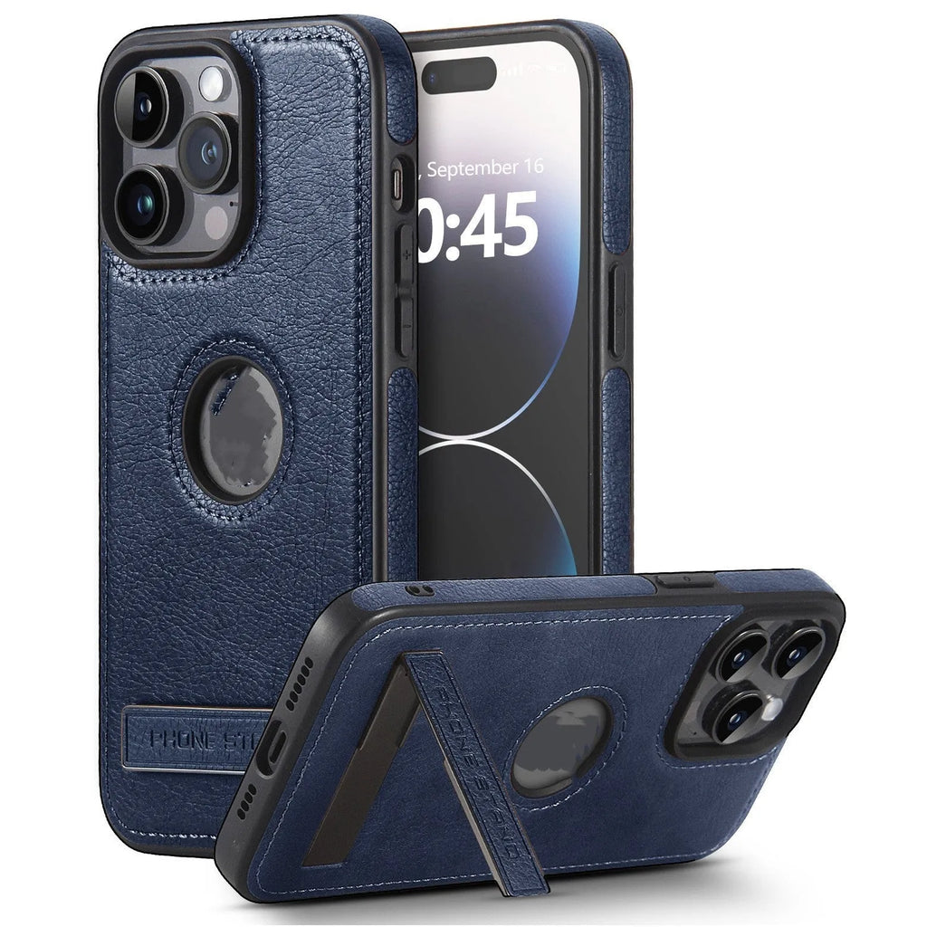 Black leather pattern bracket phone case for iPhone with built-in kickstand