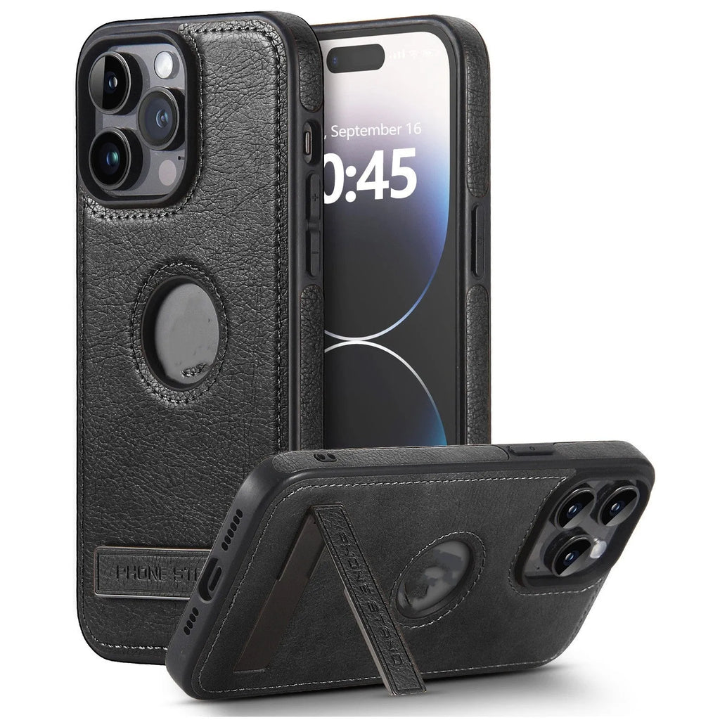 Black leather pattern bracket phone case for iPhone with built-in kickstand