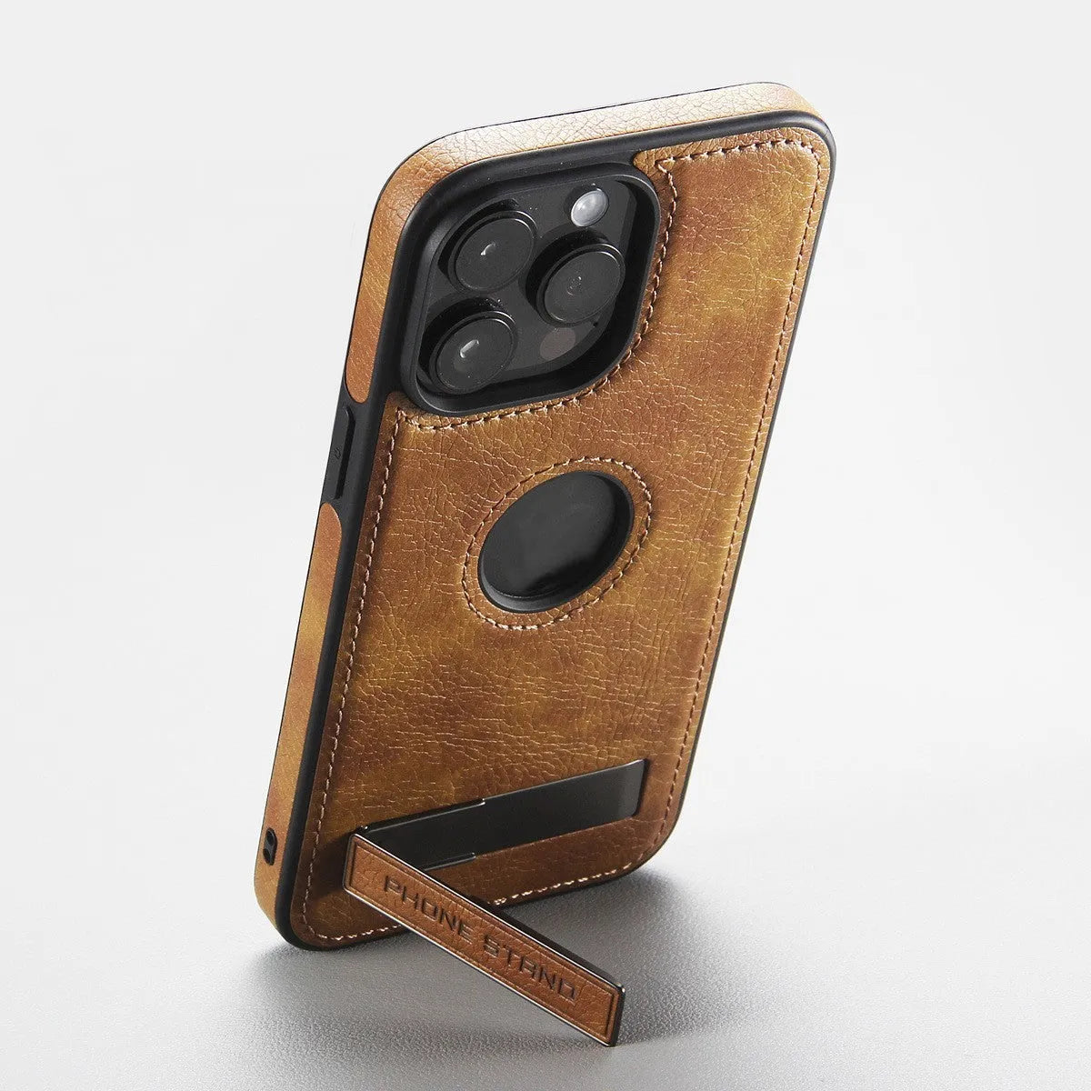 Black leather pattern bracket phone case for iPhone with built-in kickstand