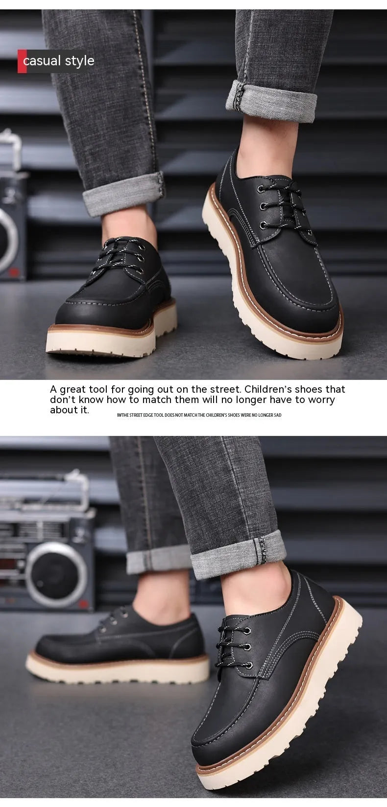 Men's black low-top Martin boots with round toe and rubber sole on a neutral background