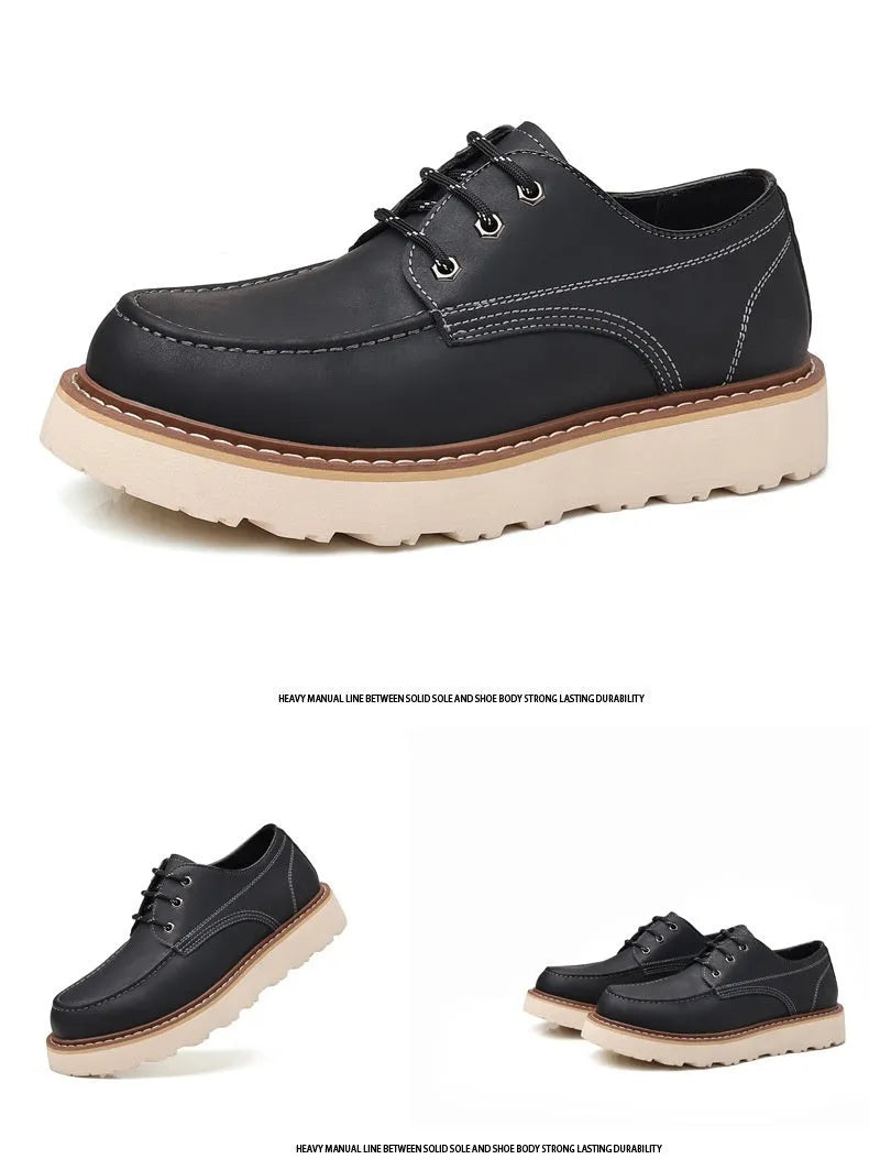 Men's black low-top Martin boots with round toe and rubber sole on a neutral background