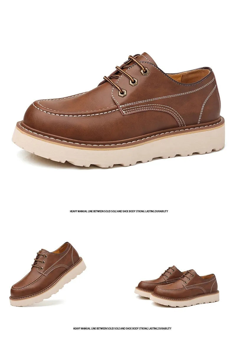 Men's black low-top Martin boots with round toe and rubber sole on a neutral background