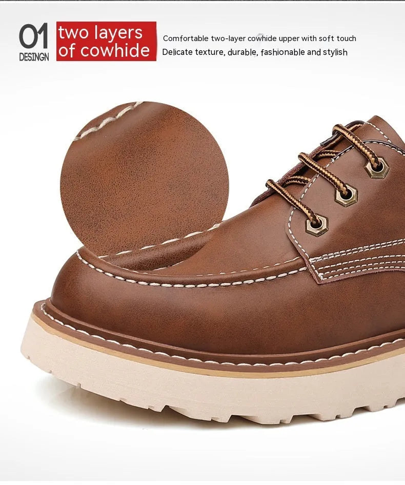 Men's black low-top Martin boots with round toe and rubber sole on a neutral background
