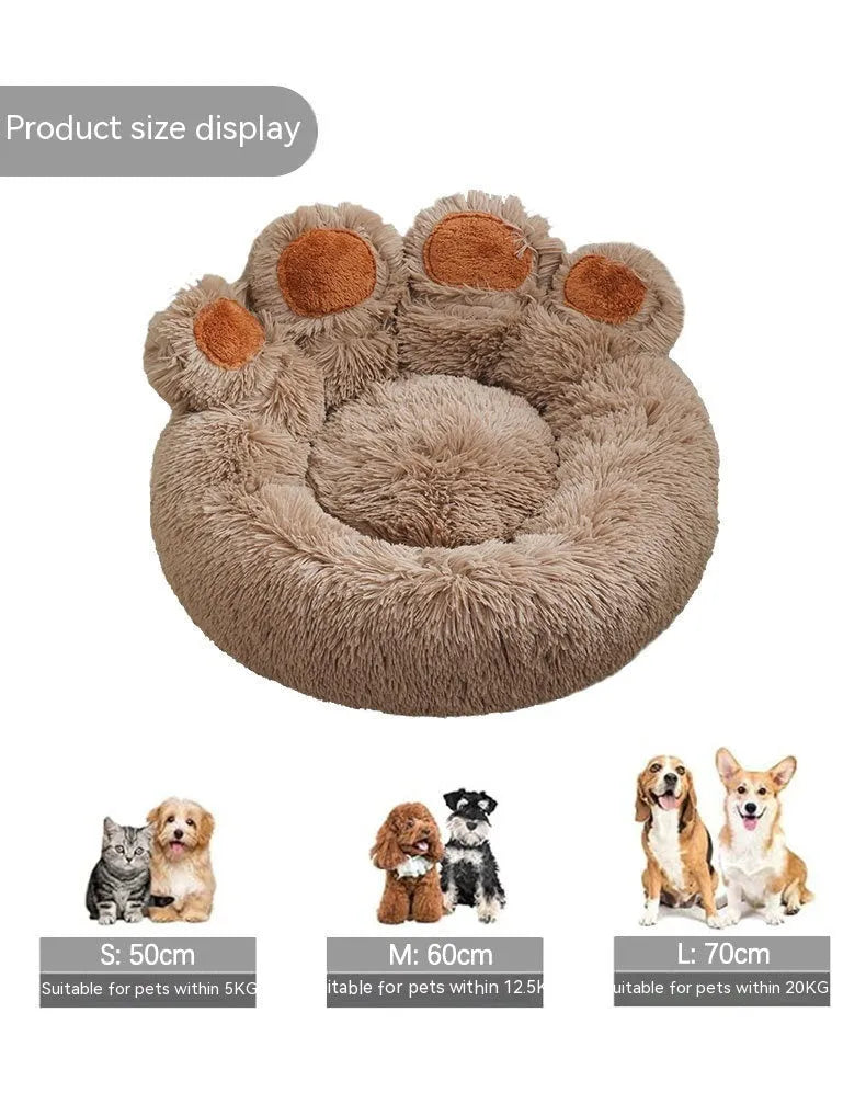 Plush dog house pet bed in gradient brown colour, hand-shaped brush design, 60cm size for small dogs
