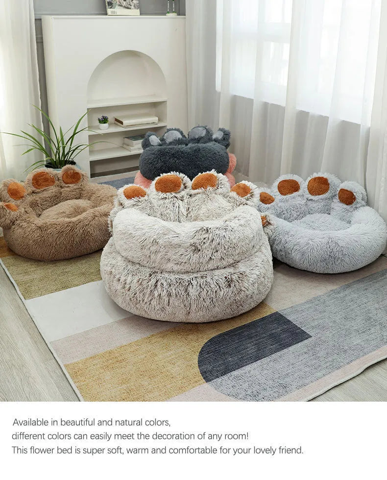 Plush dog house pet bed in gradient brown colour, hand-shaped brush design, 60cm size for small dogs