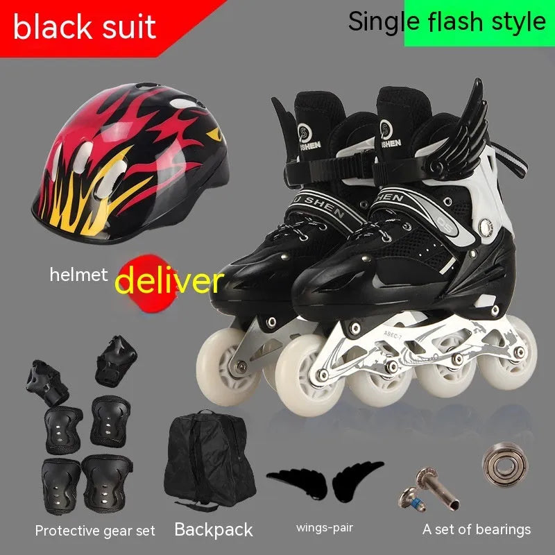 Adjustable children's inline skates in five colours with aluminium frame, helmet and protective gear