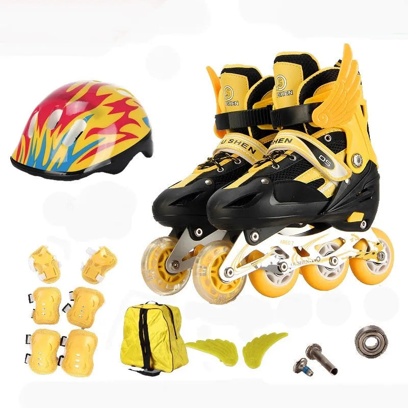 Adjustable children's inline skates in five colours with aluminium frame, helmet and protective gear