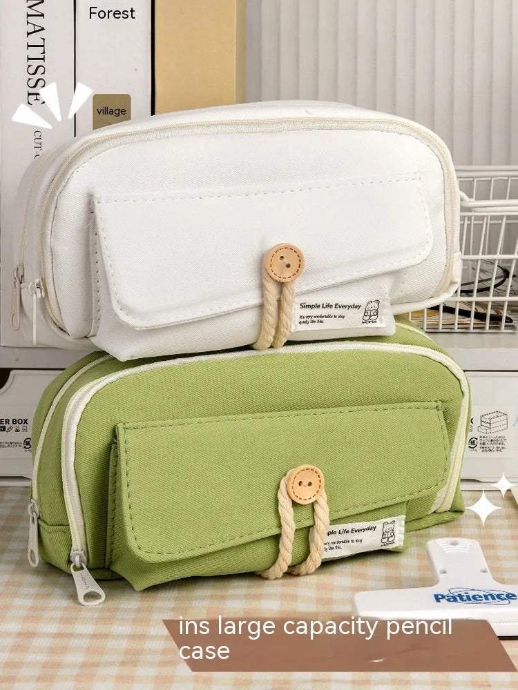 Korean style canvas pencil case in beige, blue, grey, and green colour options with large capacity for approximately 80 pens