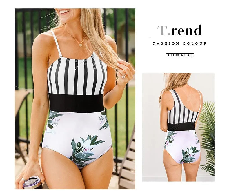 Women's leopard print one-piece swimsuit with an asymmetric collar and high-waisted brief cut.