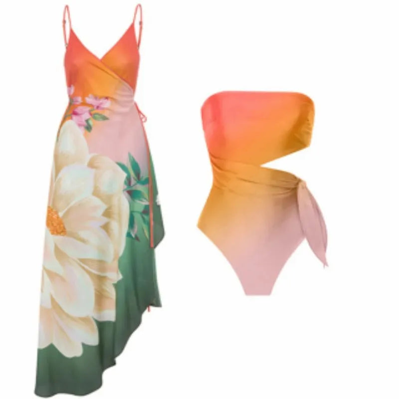 Women's French-style retro printed one-piece swimsuit in polyester fabric