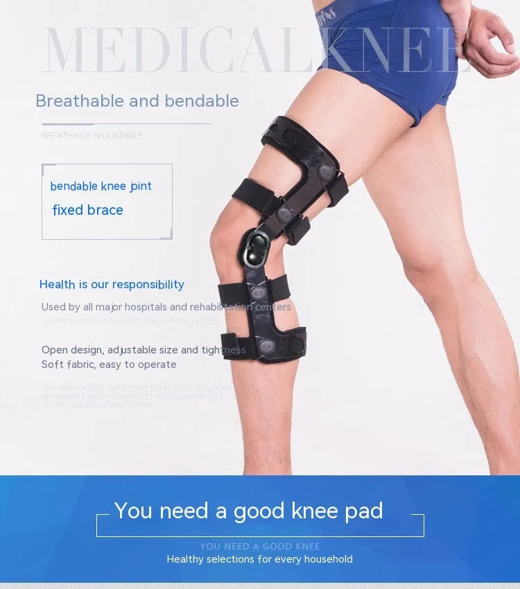Black anterior ligament knee pad with visible metal stabiliser, shown in a left-leg size.