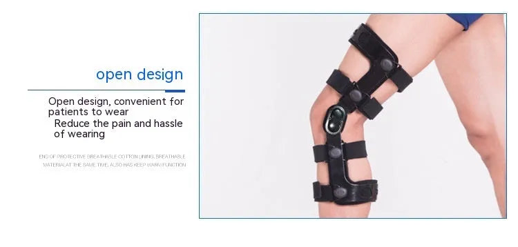 Black anterior ligament knee pad with visible metal stabiliser, shown in a left-leg size.