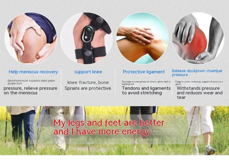 Black anterior ligament knee pad with visible metal stabiliser, shown in a left-leg size.