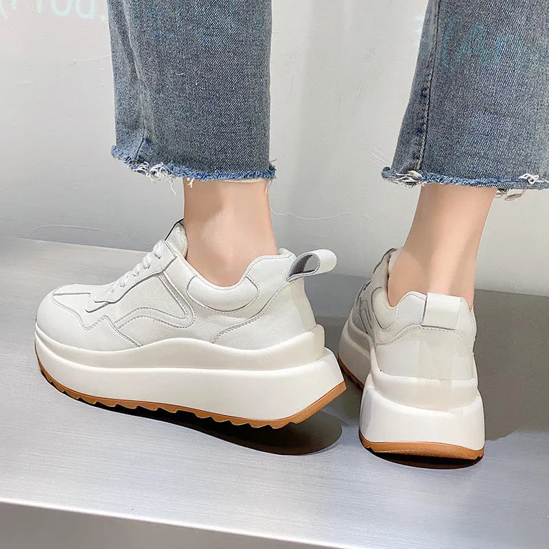 Women's white cattlehide leather casual sports shoes with cross-strap detail and English muffin heel