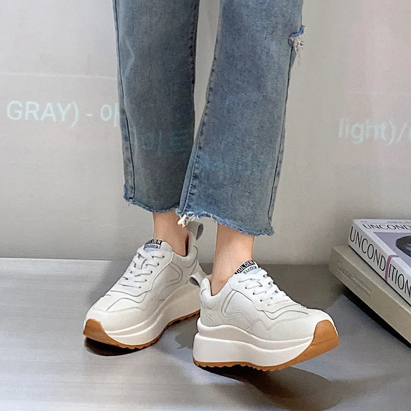 Women's white cattlehide leather casual sports shoes with cross-strap detail and English muffin heel