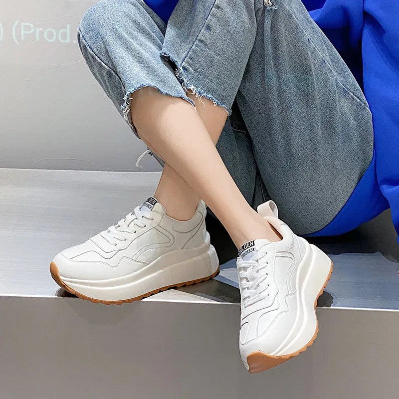 Women's white cattlehide leather casual sports shoes with cross-strap detail and English muffin heel