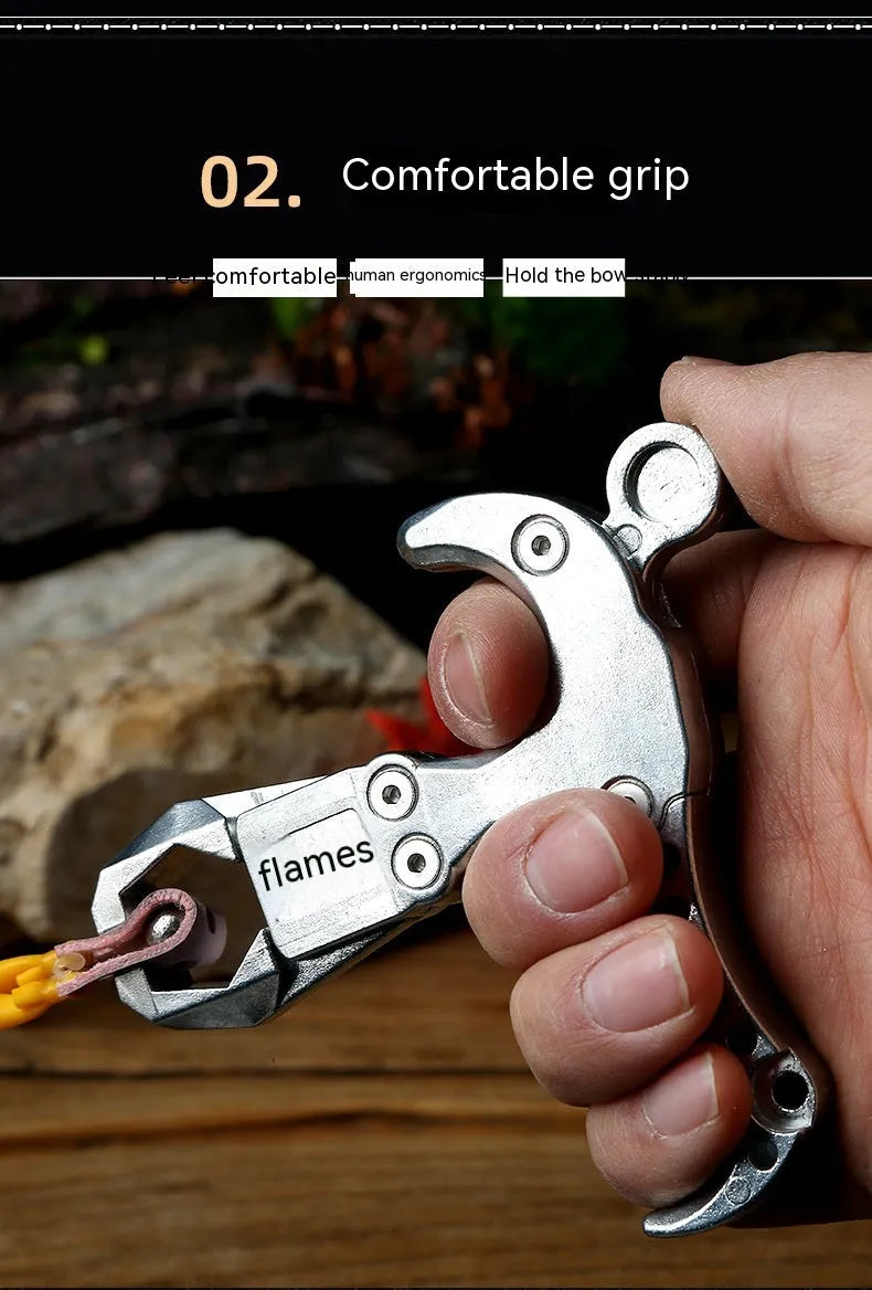 Alloy release aid with two-axis harpoon clip mechanism for fishing and archery equipment