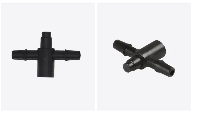 PE plastic tee water distributor connector for micro-spray irrigation systems.