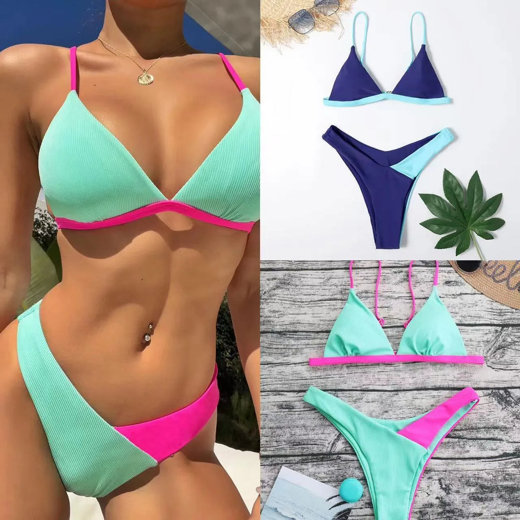 Women's two-piece swimsuit in briefs style, nylon fabric, showing Pattern 1 and Pattern 2 colour options.