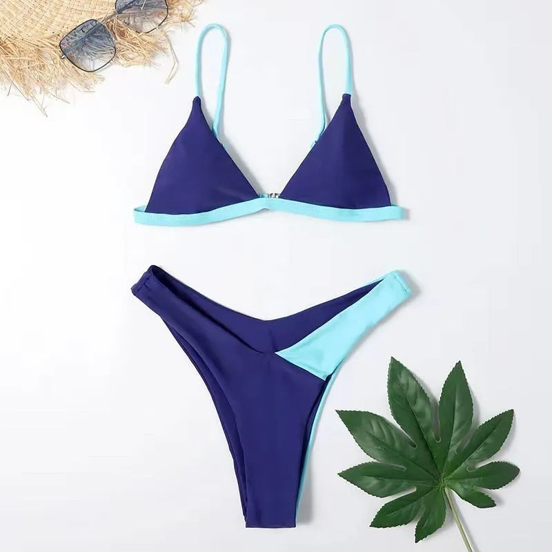 Women's two-piece swimsuit in briefs style, nylon fabric, showing Pattern 1 and Pattern 2 colour options.