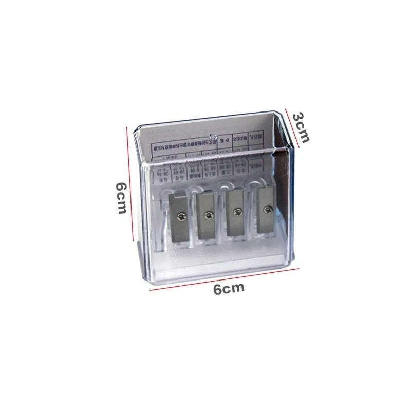 Geometric-shaped plastic pencil sharpener with four holes, four blades, and a screwdriver on a white background.