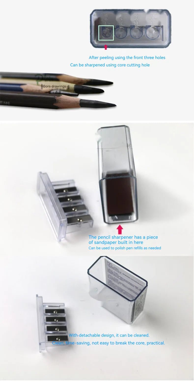 Geometric-shaped plastic pencil sharpener with four holes, four blades, and a screwdriver on a white background.
