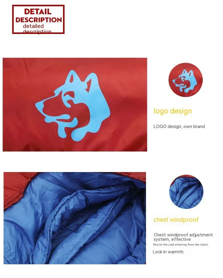 Brown cotton camping sleeping bag rolled next to its grey compression storage bag.