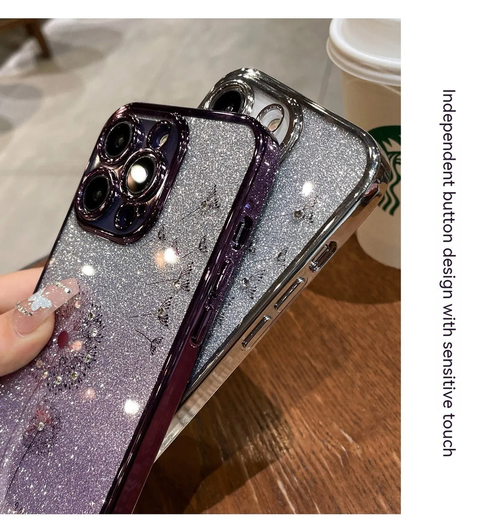 Gradient glitter silicone phone case for Apple iPhone, transparent electroplated cover in purple pink blue silver green black