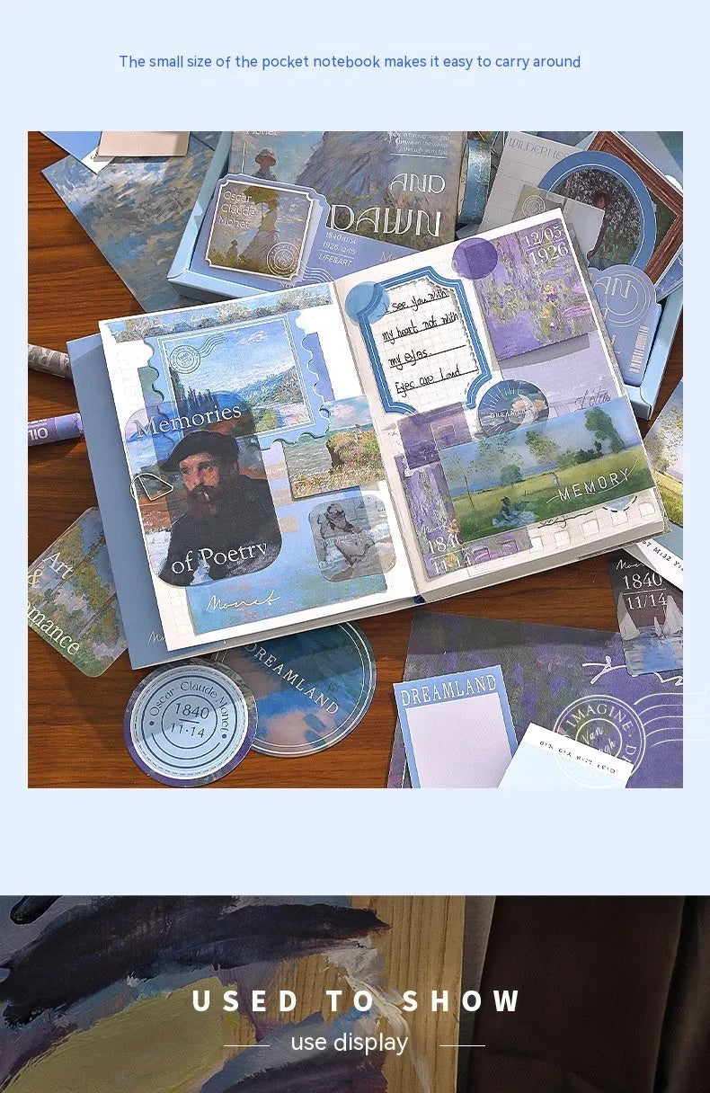 Retro-style creative journal gift box open to show A6 grid notebook, material papers, cards, stickers, and a water drop bookmark.