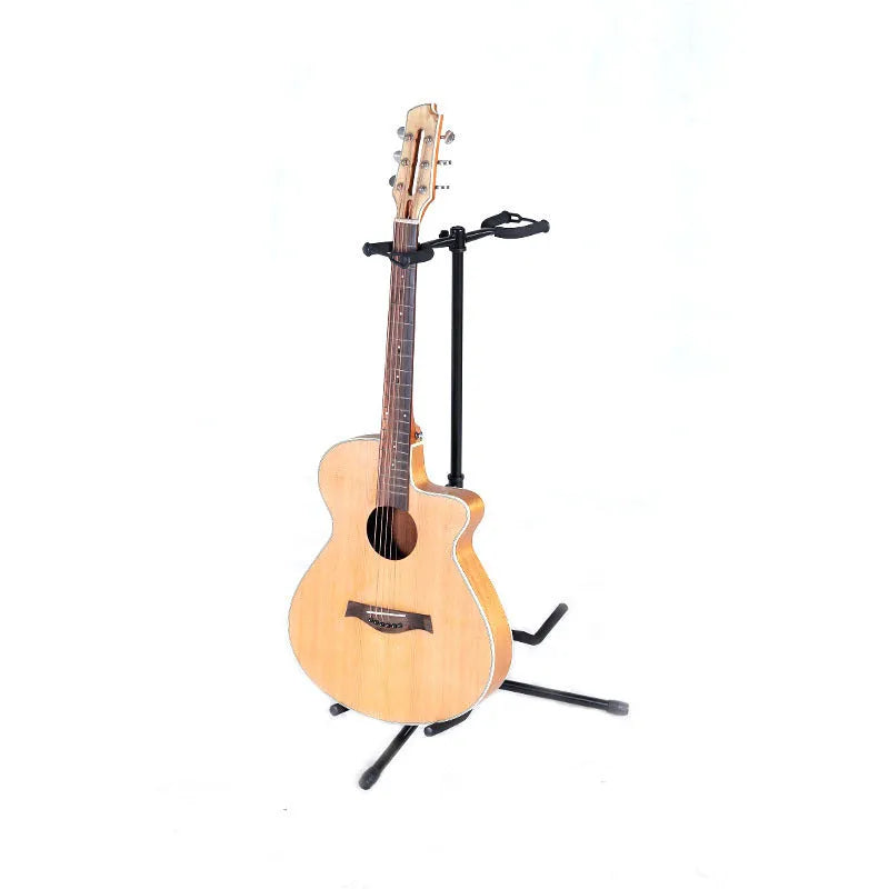 Black iron vertical double-headed adjustable guitar stand holding two guitars.