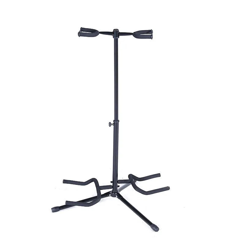Black iron vertical double-headed adjustable guitar stand holding two guitars.