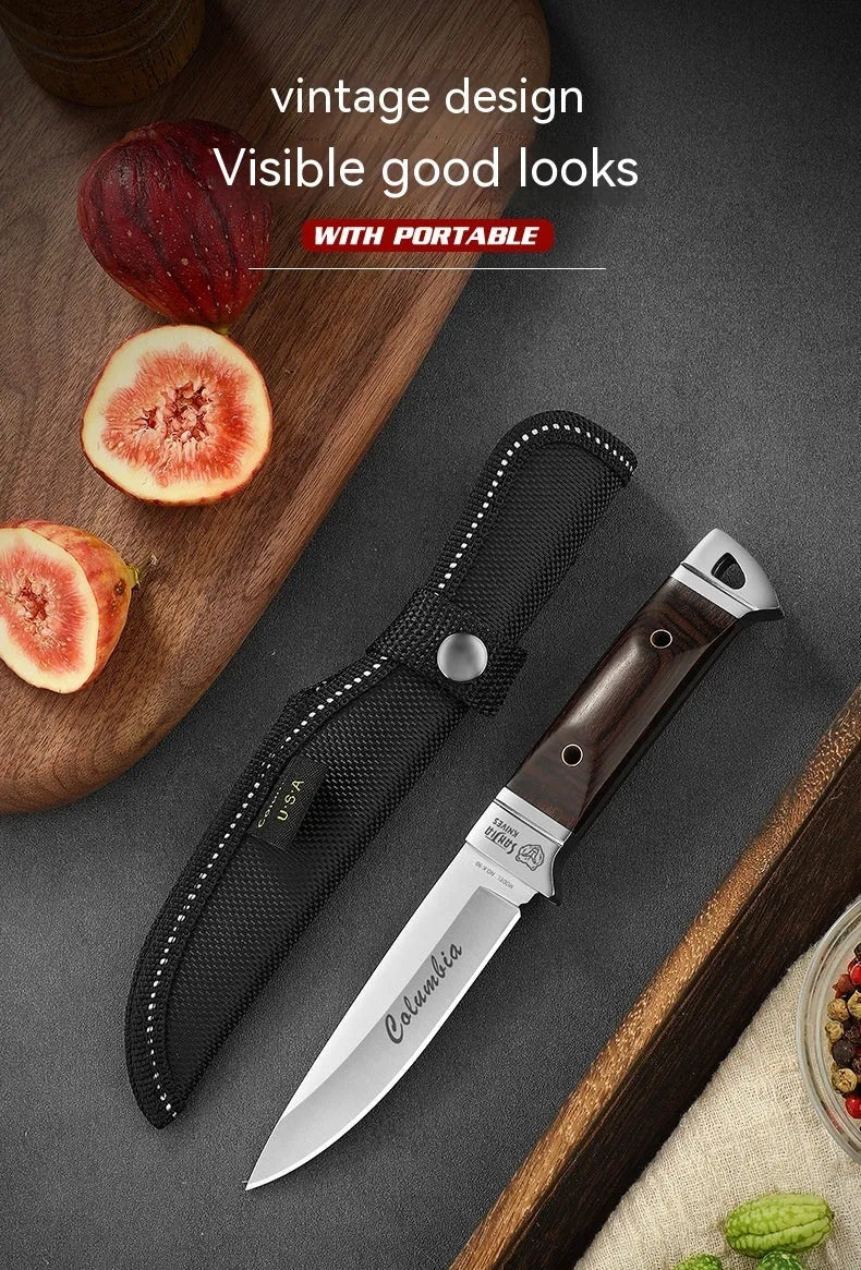 Camping multifunctional portable fruit knife with leather case, stainless steel construction