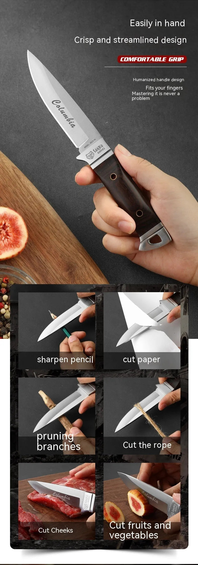 Camping multifunctional portable fruit knife with leather case, stainless steel construction