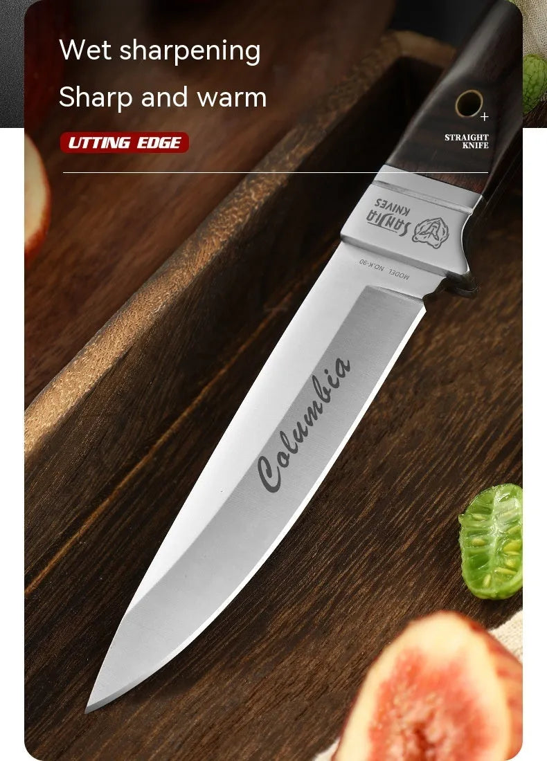 Camping multifunctional portable fruit knife with leather case, stainless steel construction