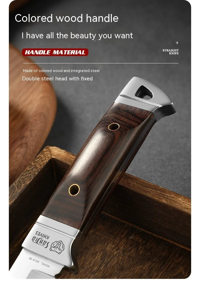 Camping multifunctional portable fruit knife with leather case, stainless steel construction