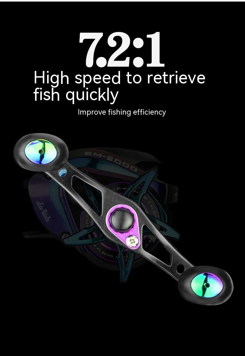 BM2000 left-handed and right-handed spinning fishing reel with magnetic brake, graphite body, and aluminium spool.