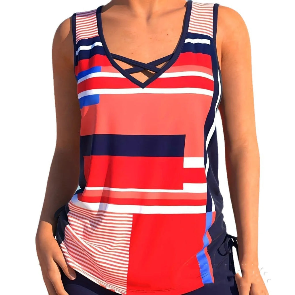 Women's printed two-piece swimsuit with boxer shorts in polyester fabric.