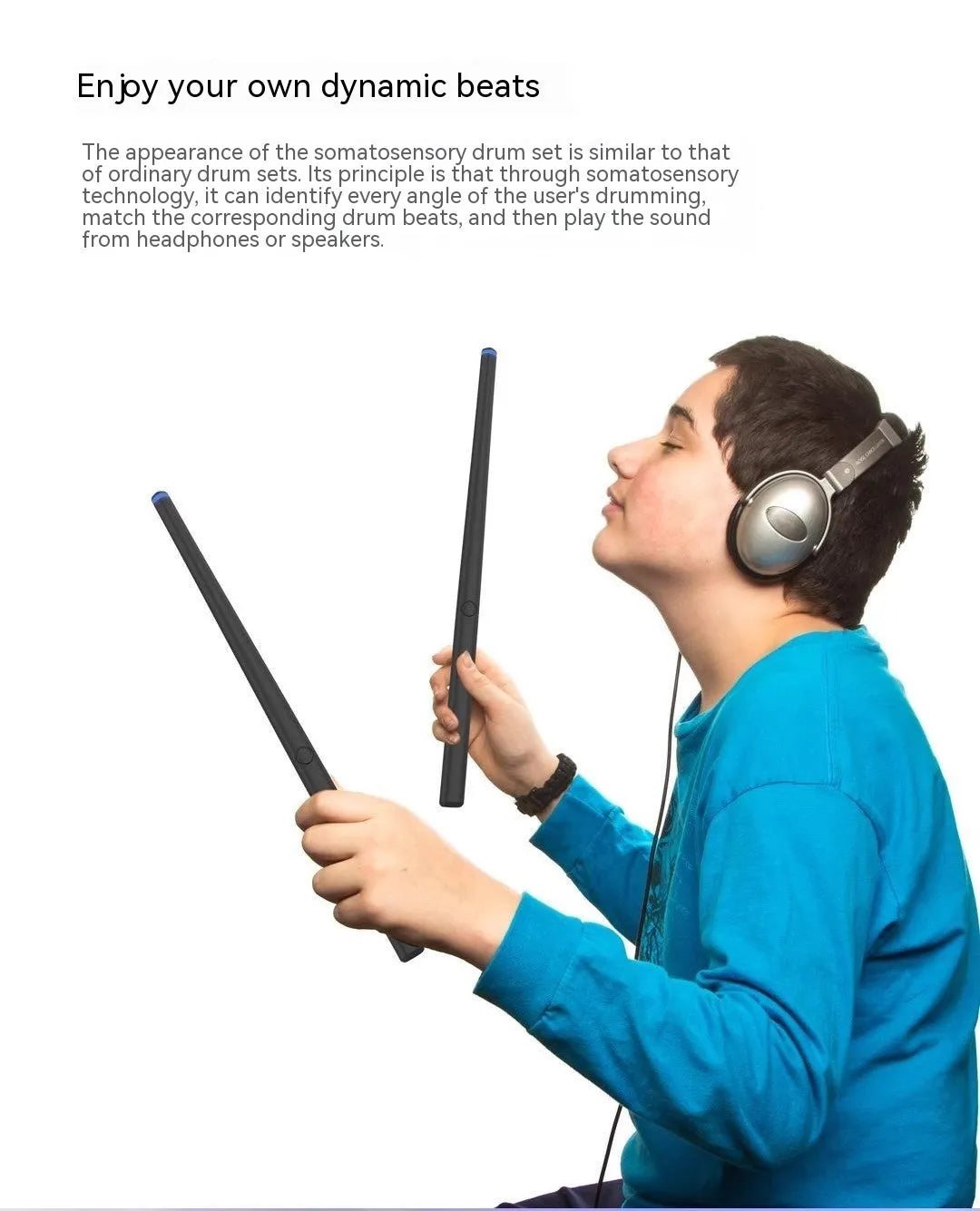 Black body sensing air drum kit with wireless drumsticks and LED lighting on control unit