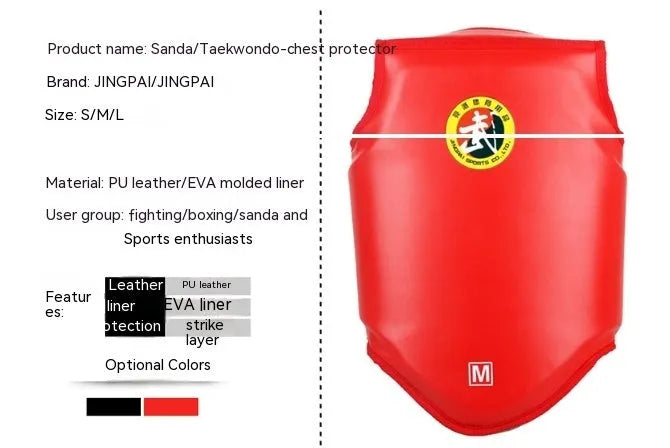 Red boxing helmet with matching chest protector for training and competition