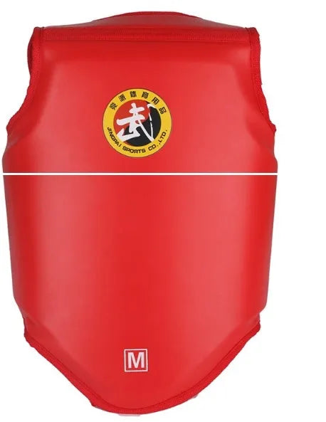 Red boxing helmet with matching chest protector for training and competition