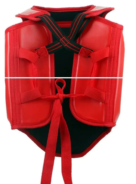 Red boxing helmet with matching chest protector for training and competition