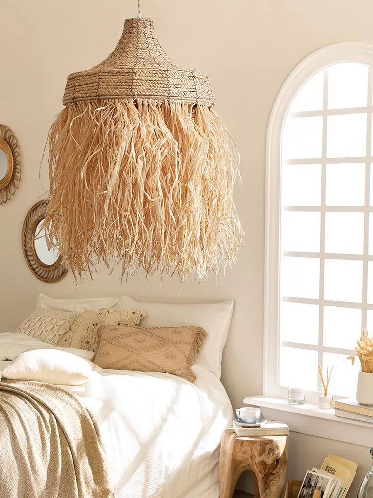 Retro restaurant chandelier with woven wild vetch and willow shade measuring 50cm diameter